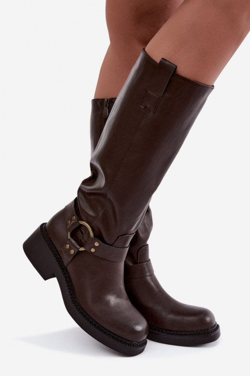 Damen kniehohe Stiefel mit dekorativen Details in Schokoladenfarbe Rileta