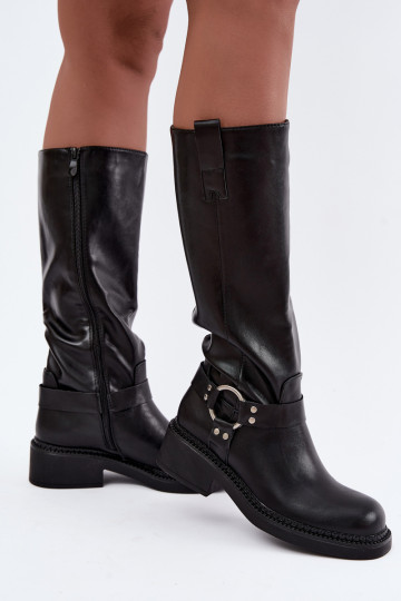 Damen kniehohe Stiefel mit dekorativen Details in schwarzer Farbe Rileta 2
