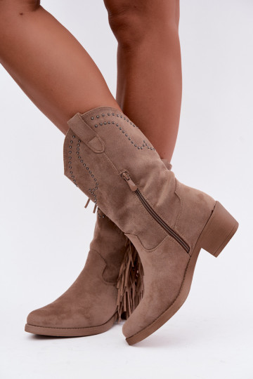 Cowboy-Stil Damen Stiefeletten mit Fransen und Verzierungen in Sandfarbe Perlia 2
