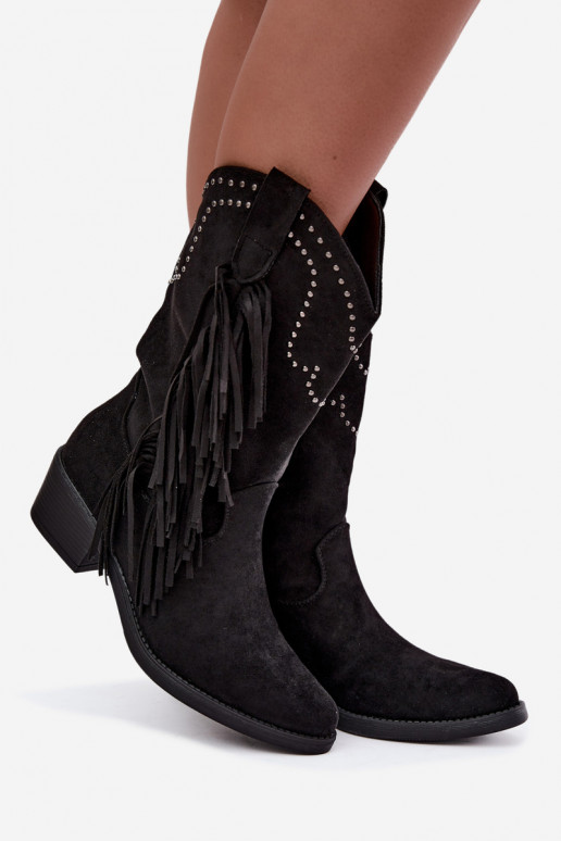 Cowboy-Stil Damen Stiefeletten mit Fransen und Verzierungen in schwarzer Farbe Perlia