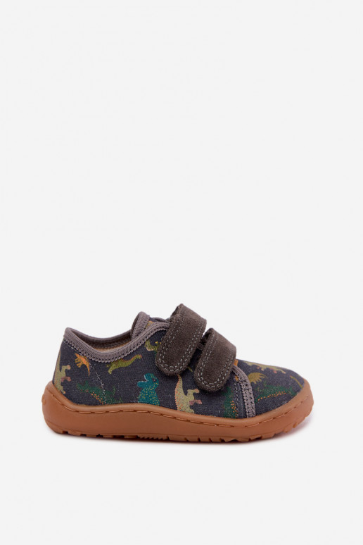 Kinder-Barefoot-Pantoletten mit Dinosauriern Froddo Canvas G1700440-31 Grau