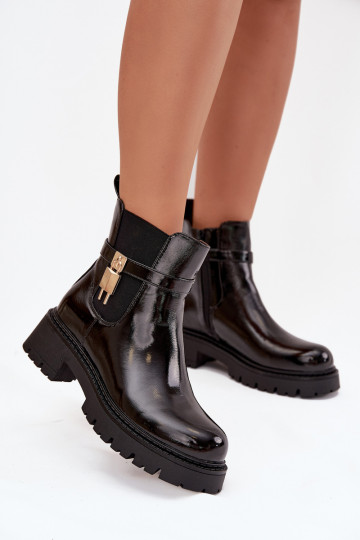 Stylische lackierte isolierte Stiefeletten mit Details Ze gold und schwarz Talyra 2
