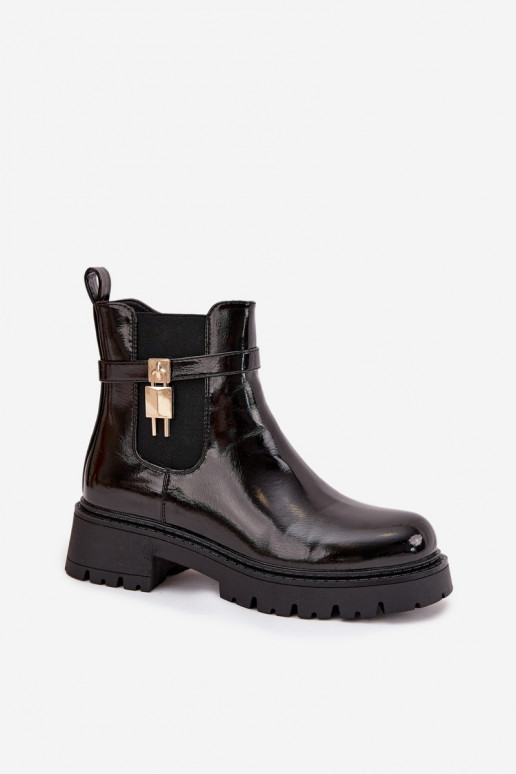 Stylische lackierte isolierte Stiefeletten mit Details Ze gold und schwarz Talyra