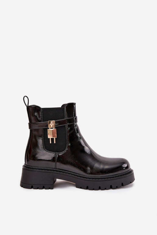 Stylische lackierte isolierte Stiefeletten mit Details Ze gold und schwarz Talyra