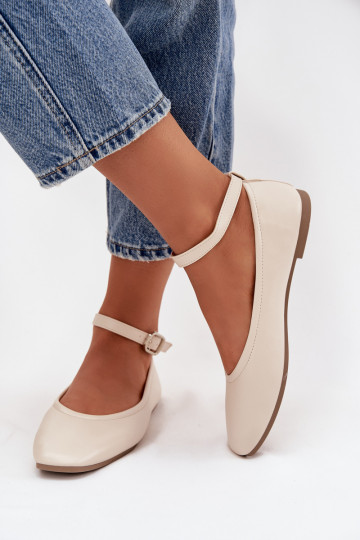 Sandfarbene Ballerinas mit Riemen und Schnallen Janelor