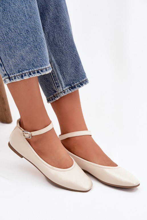 Sandfarbene Ballerinas mit Riemen und Schnallen Janelor
