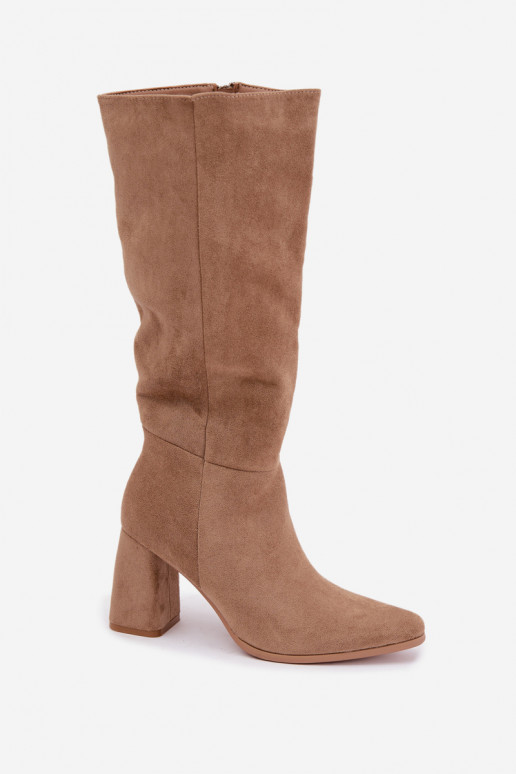 Damen kniehohe Stiefel mit Blockabsatz sandfarben Carlin