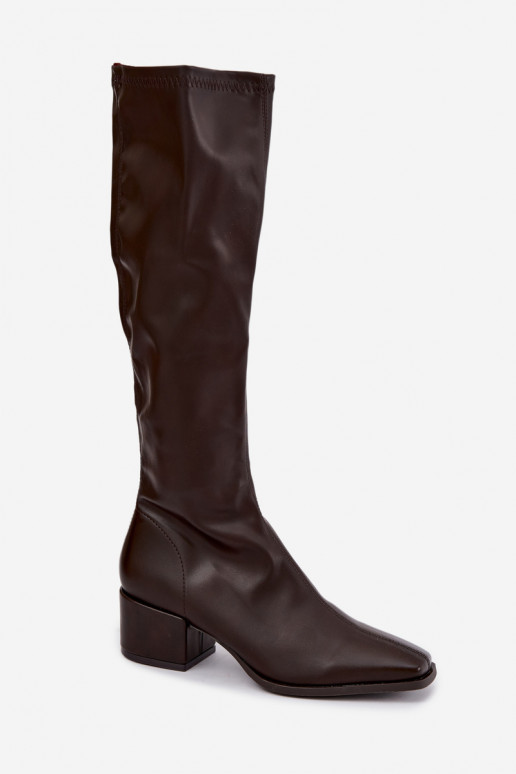 Damen kniehohe Stiefel mit Schnürschaft auf niedrigem Absatz aus Kunstleder karamellfarben Gisellea