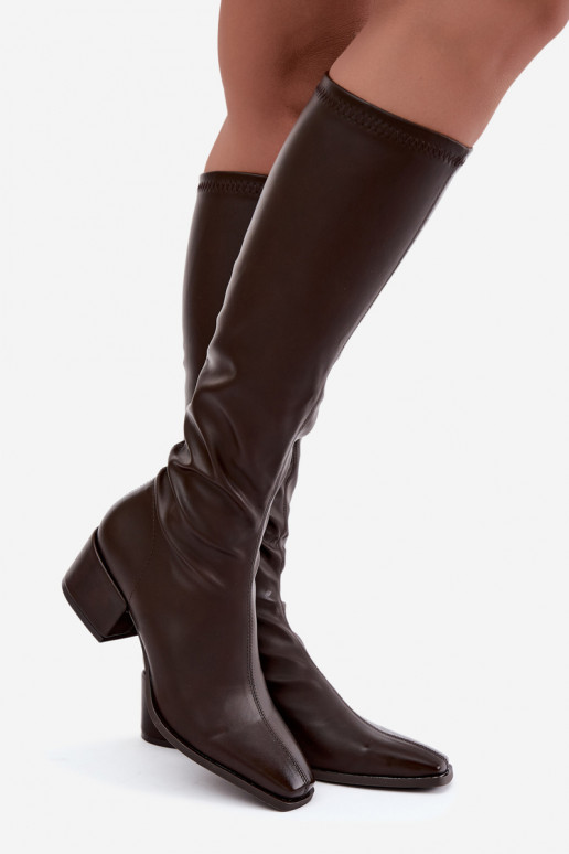 Damen kniehohe Stiefel mit Schnürschaft auf niedrigem Absatz aus Kunstleder karamellfarben Gisellea