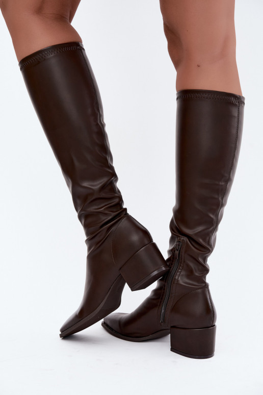 Damen kniehohe Stiefel mit Schnürschaft auf niedrigem Absatz aus Kunstleder karamellfarben Gisellea