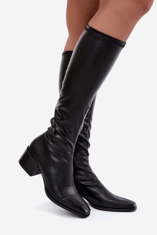 Damen kniehohe Stiefel mit Schnürschaft auf niedrigem Absatz aus Kunstveloursleder karamellfarben Gisellea
