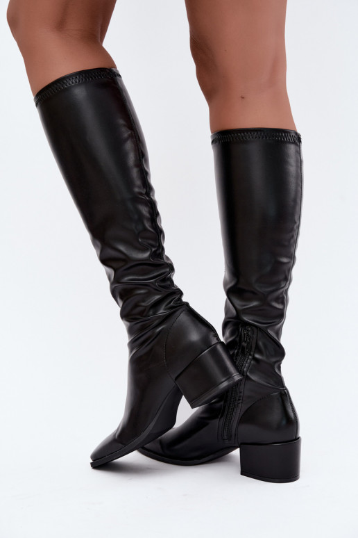 Damen kniehohe Stiefel mit Schnürschaft auf niedrigem Absatz aus Kunstveloursleder karamellfarben Gisellea