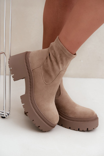 Damen Stiefeletten mit klobigem Absatz und Plattform aus Kunstveloursleder sandfarben Elvianne