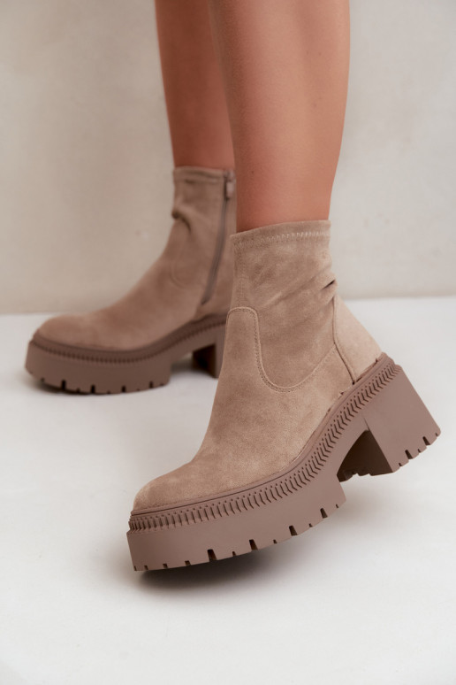 Damen Stiefeletten mit klobigem Absatz und Plattform aus Kunstveloursleder sandfarben Elvianne