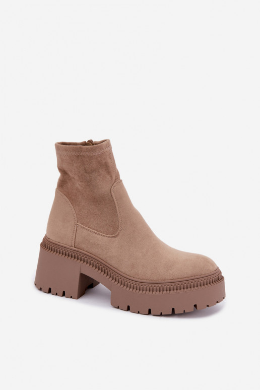 Damen Stiefeletten mit klobigem Absatz und Plattform aus Kunstveloursleder sandfarben Elvianne