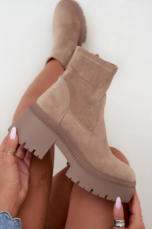 Damen Stiefeletten mit klobigem Absatz und Plattform aus Kunstveloursleder sandfarben Elvianne