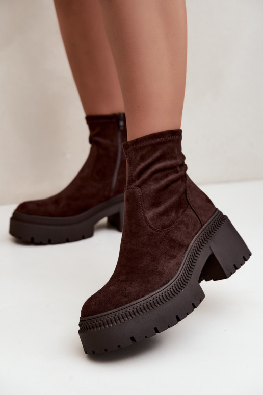Damen Stiefeletten mit klobigem Absatz und Plattform aus Kunstveloursleder karamellfarben Elvianne