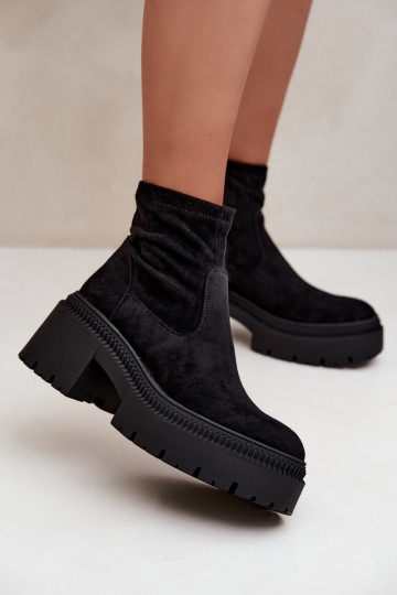 Damen Stiefeletten mit klobigem Absatz und Plattform aus Kunstveloursleder schwarz Elvianne 2