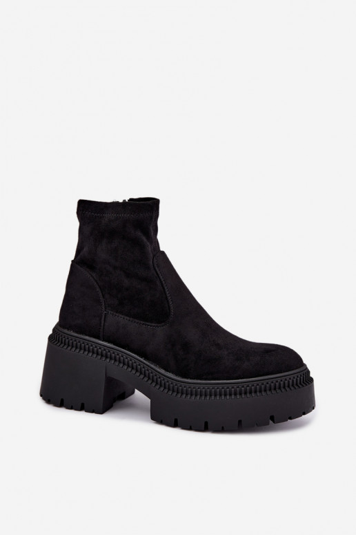 Damen Stiefeletten mit klobigem Absatz und Plattform aus Kunstveloursleder schwarz Elvianne