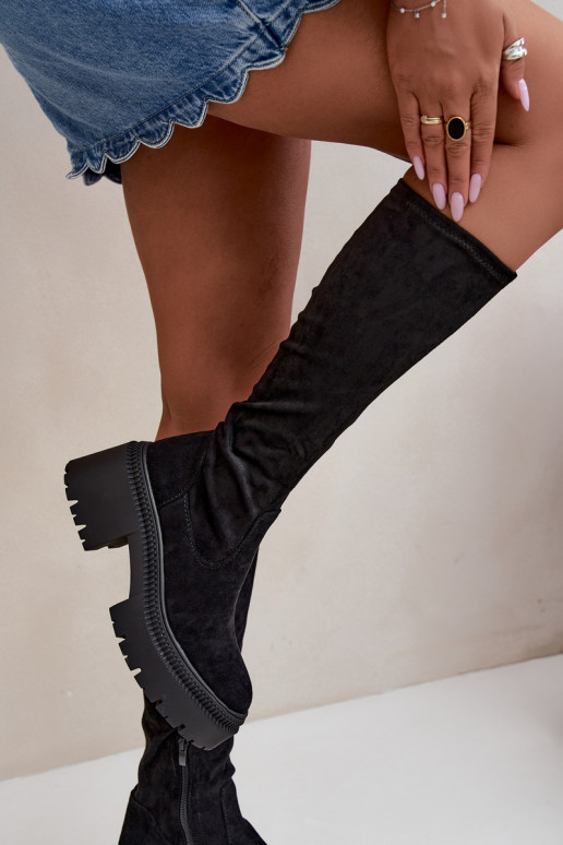 Damen kniehohe Stiefel mit Plattform und hohem Absatz schwarz Florinne