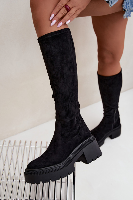 Damen kniehohe Stiefel mit Plattform und hohem Absatz schwarz Florinne
