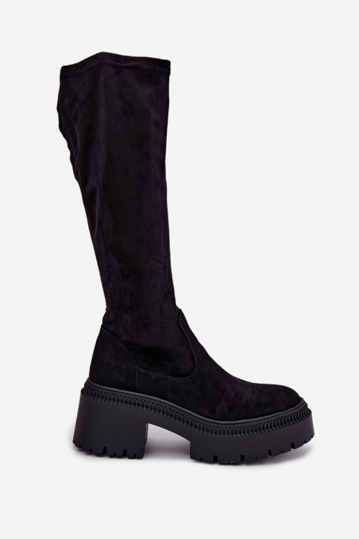Damen kniehohe Stiefel mit Plattform und hohem Absatz schwarz Florinne