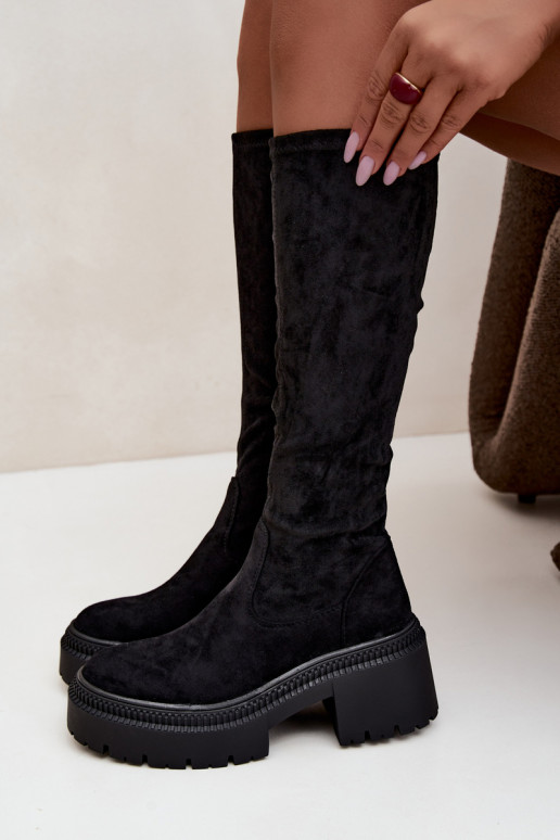Damen kniehohe Stiefel mit Plattform und hohem Absatz schwarz Florinne