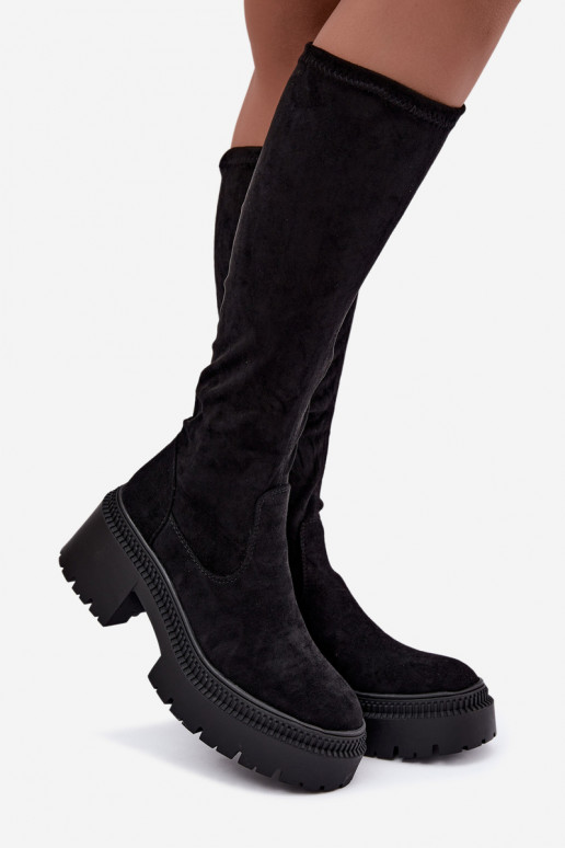 Damen kniehohe Stiefel mit Plattform und hohem Absatz schwarz Florinne