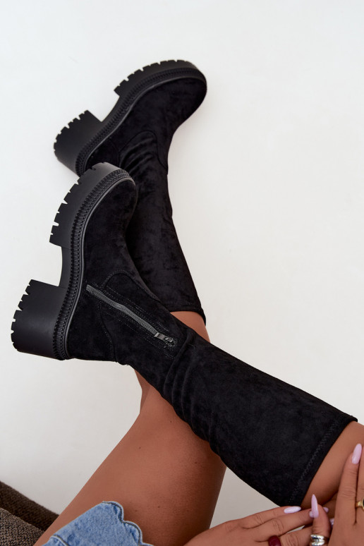 Damen kniehohe Stiefel mit Plattform und hohem Absatz schwarz Florinne