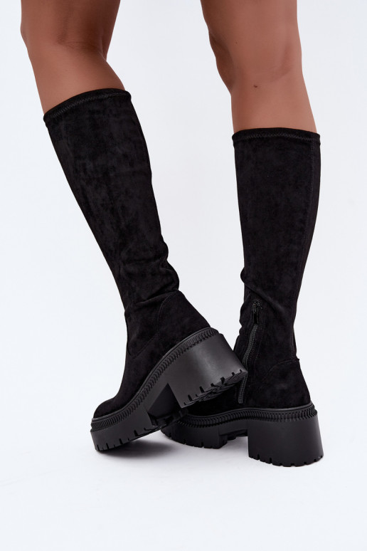 Damen kniehohe Stiefel mit Plattform und hohem Absatz schwarz Florinne
