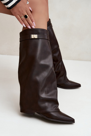 Damen kniehohe Stiefel mit Schnürschaft auf niedrigem Absatz aus Kunstleder karamellfarben Gisellea