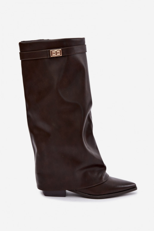 Damen kniehohe Stiefel mit Schnürschaft auf niedrigem Absatz aus Kunstleder karamellfarben Gisellea