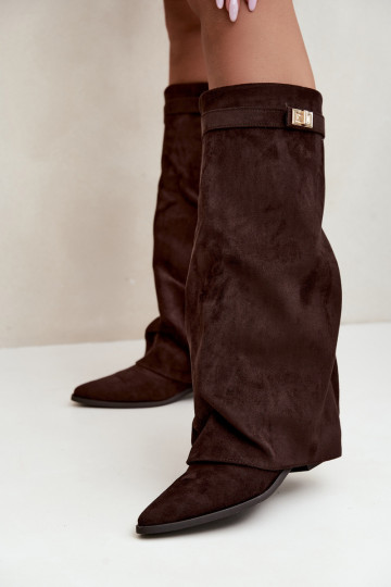 Damen kniehohe Stiefel mit Schnürschaft auf niedrigem Absatz aus Kunstveloursleder karamellfarben Gisellea 2