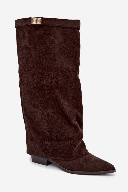 Damen kniehohe Stiefel mit Schnürschaft auf niedrigem Absatz aus Kunstveloursleder karamellfarben Gisellea