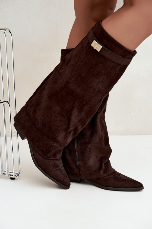 Damen kniehohe Stiefel mit Schnürschaft auf niedrigem Absatz aus Kunstveloursleder karamellfarben Gisellea