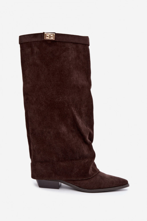 Damen kniehohe Stiefel mit Schnürschaft auf niedrigem Absatz aus Kunstveloursleder karamellfarben Gisellea