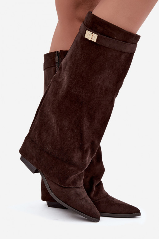 Damen kniehohe Stiefel mit Schnürschaft auf niedrigem Absatz aus Kunstveloursleder karamellfarben Gisellea