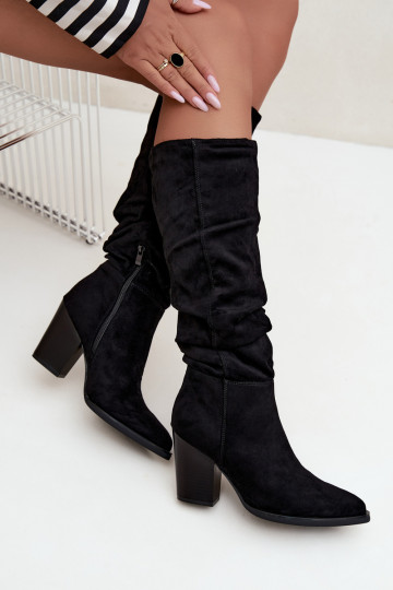 damen kniehohe Stiefel mit Absatz und gebogenem Schaft in schwarz Ismera