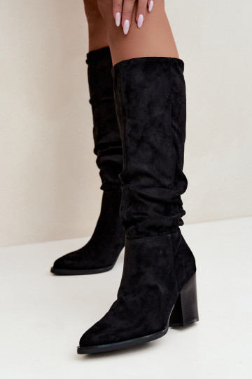 damen kniehohe Stiefel mit Absatz und gebogenem Schaft in schwarz Ismera 2