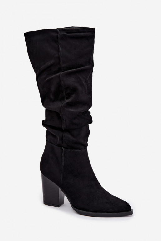 damen kniehohe Stiefel mit Absatz und gebogenem Schaft in schwarz Ismera
