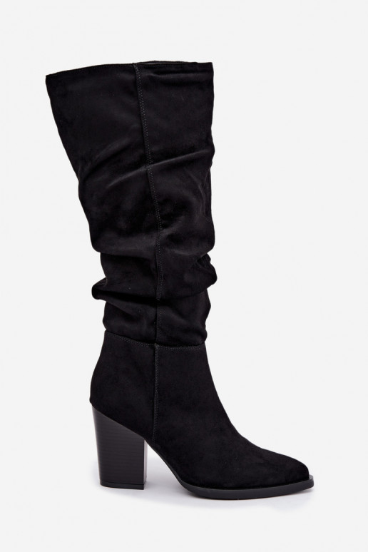 damen kniehohe Stiefel mit Absatz und gebogenem Schaft in schwarz Ismera