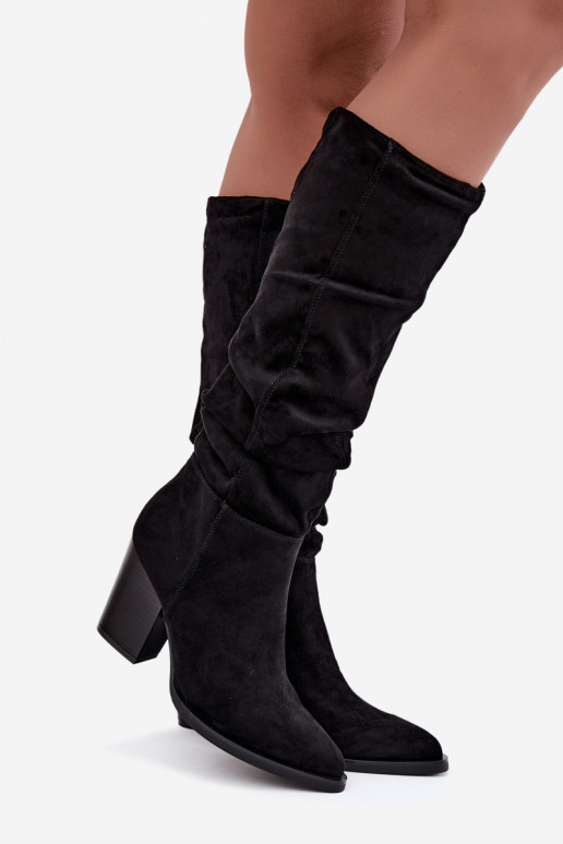 damen kniehohe Stiefel mit Absatz und gebogenem Schaft in schwarz Ismera