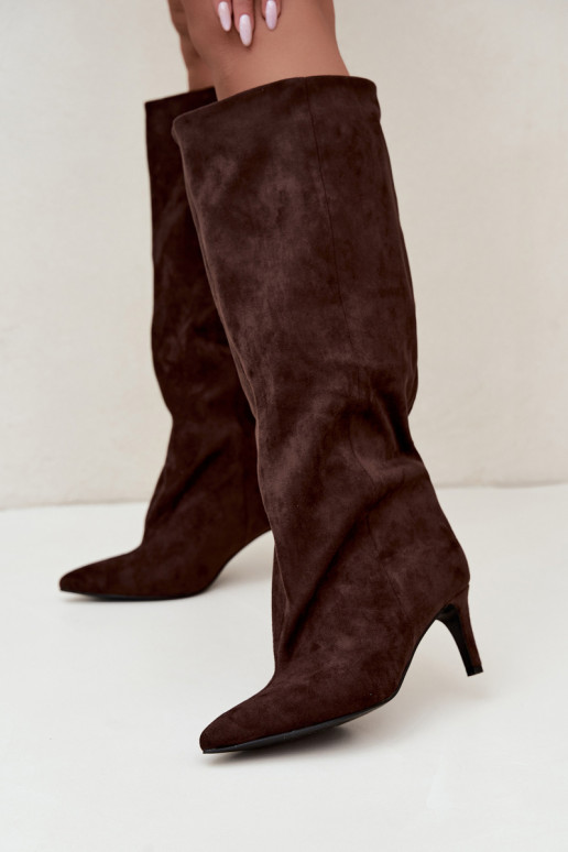 damen kniehohe Stiefeletten zum Hineinschlüpfen mit Absatz in schokoladenbraun Favra