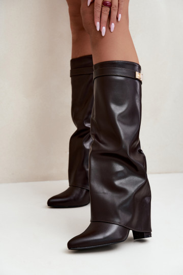 damen kniehohe Stiefel aus schokoladenbraunem Kunstleder mit Absatz Avamora