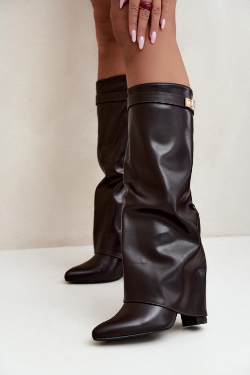 damen kniehohe Stiefel aus schokoladenbraunem Kunstleder mit Absatz Avamora