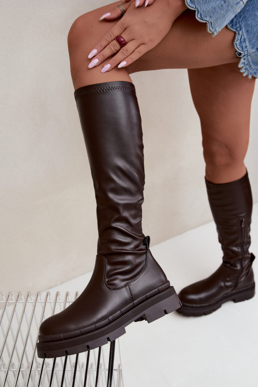 Damen kniehohe Stiefel mit Plateau aus Kunstleder CzekoladoĮe