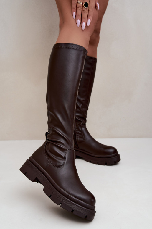 Damen kniehohe Stiefel mit Plateau aus Kunstleder CzekoladoĮe