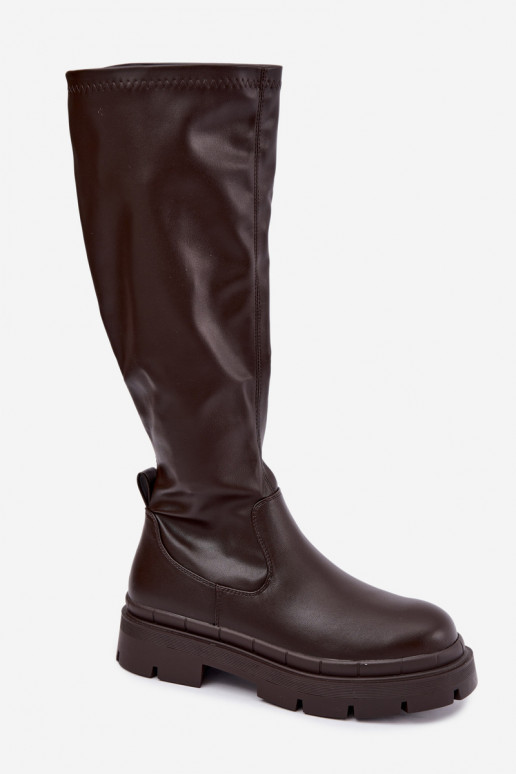 Damen kniehohe Stiefel mit Plateau aus Kunstleder CzekoladoĮe