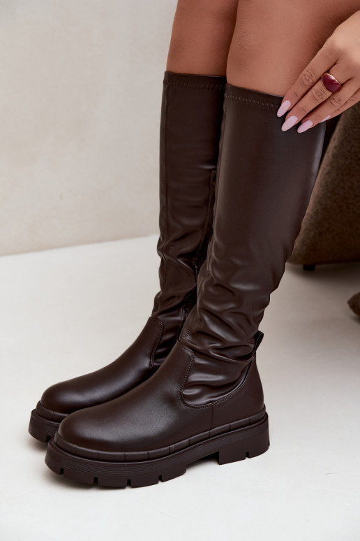 Damen kniehohe Stiefel mit Plateau aus Kunstleder CzekoladoĮe