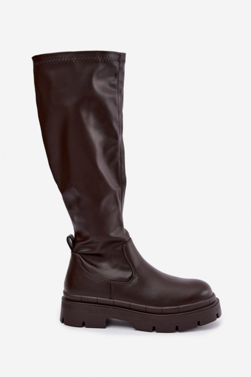 Damen kniehohe Stiefel mit Plateau aus Kunstleder CzekoladoĮe